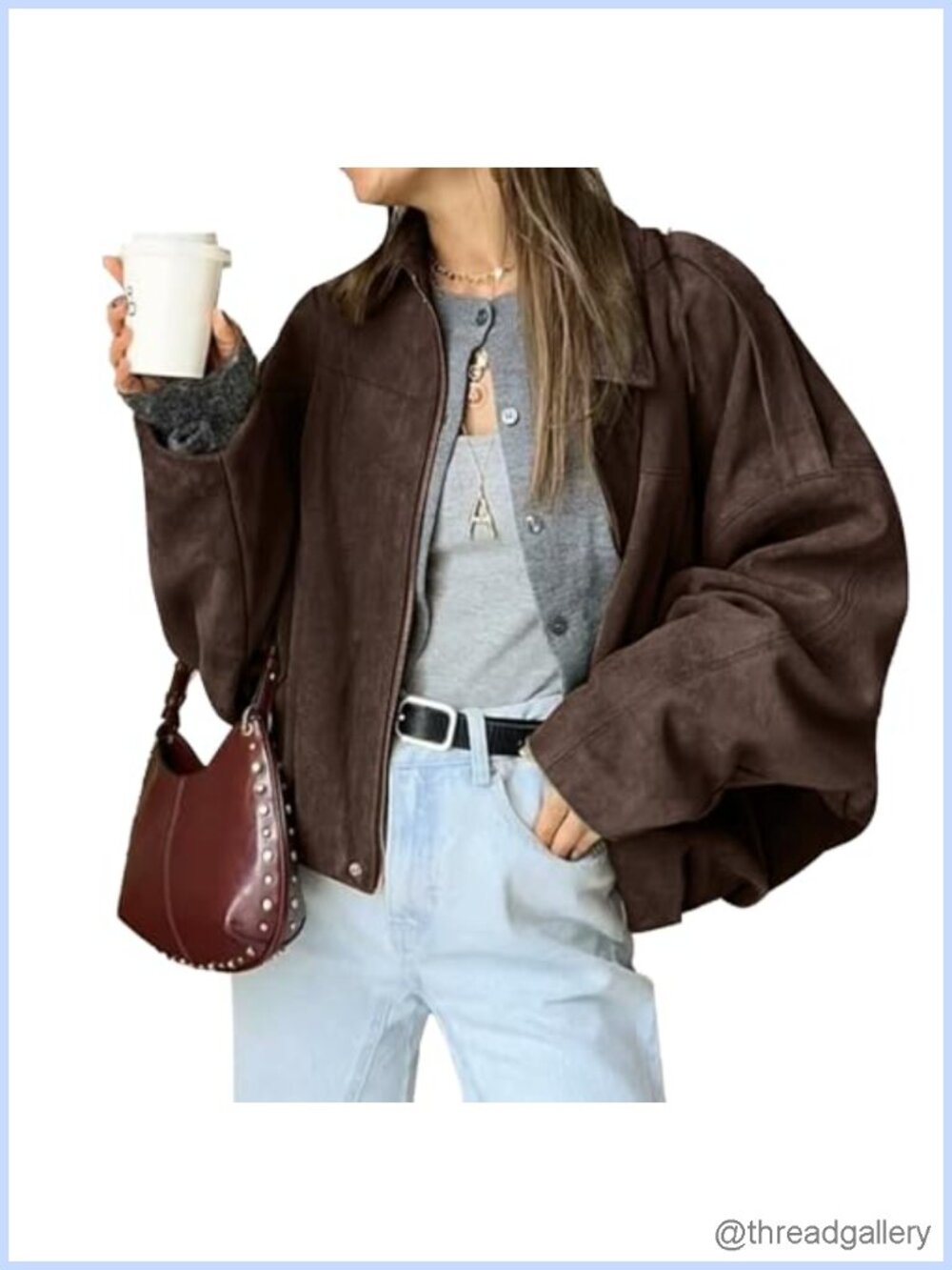 Faux Suede Bomber Jacket Zipper Pilot Coat Oversized Y2K Outerwear